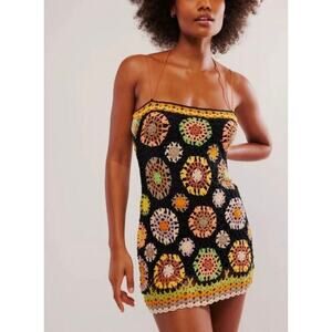 Free People Sand Bar Bodysuit Crochet Knit Mini Dress Black Combo Size M